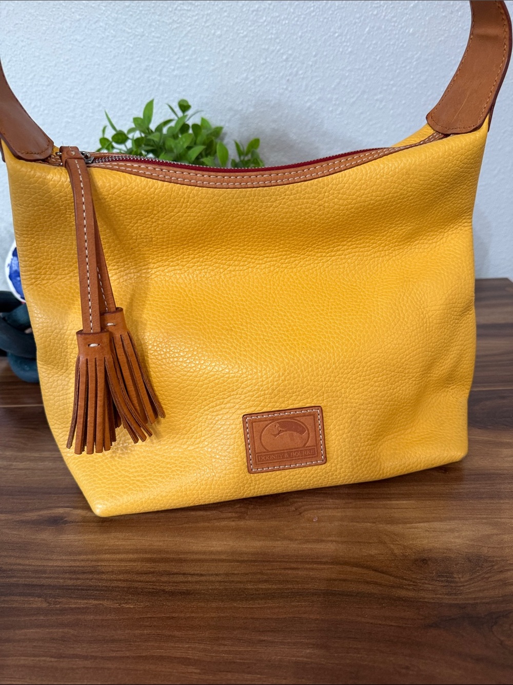 Dooney & Bourke Yellow Leather Shoulder Bag with Tan Trim
